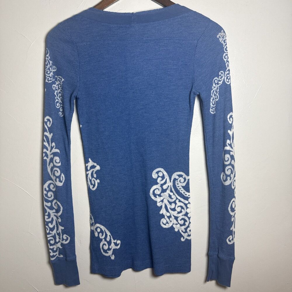 Free People Vintage? Blue Waffle Knit Thermal Floral Shirt Women's Size Small - Picture 5 of 10